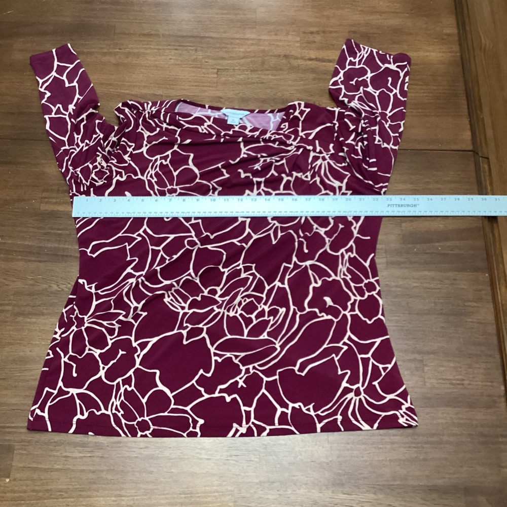 Liz Claiborne Womens XL Burgundy Floral Cowl Neck 3/4 Sleeve Top Blouse - Picture 5 of 6